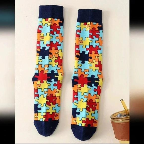 Crew cut socks red and blue men's fashion women's unisex puzzle piece women's je - Picture 2 of 4